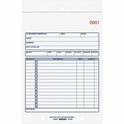 Rediform  Sales Book Form,Carbonless,2 Part,5-1/2"x7-7/8",50 Sets/BK
