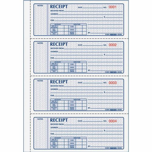 Rediform  Money Receipts,Carbonless,2 Part,4/Page,2-3/4"x7",200ST/BK