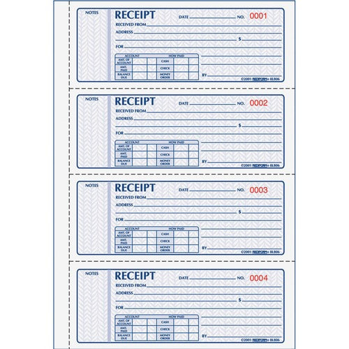 Rediform  Money Receipts,Carbonless,2-Part,4/Page,2-3/4"x7",400ST/BK