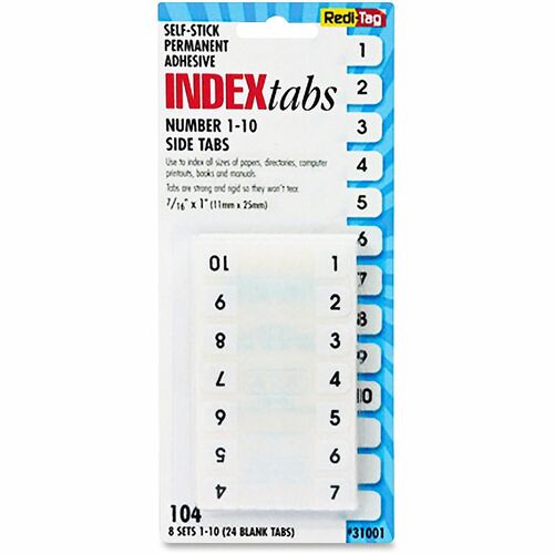 Redi-tag  Index Tabs,Side,Permanent,1-10,1"x7/16",104 Tabs/PK,WE