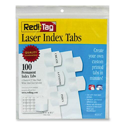 Redi-tag  Laser Print Index Tabs,Standard,1-1/8"x1-1/4", 100/PK, White
