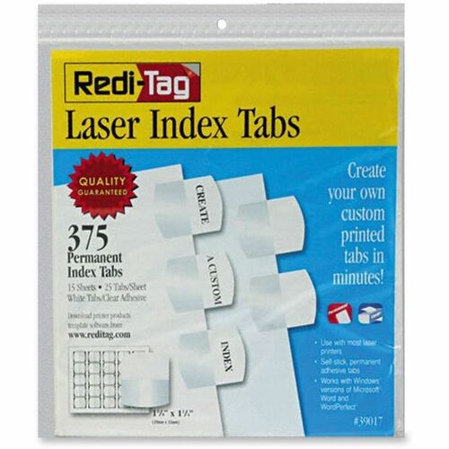 Redi-tag  Laser Print Index Tabs, Bulk, 1-1/8"x1-1/4", 375/PK, White