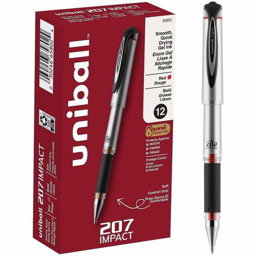 uni-ball Corporation  Pen, Gel, 207 Impact, 1.0mm, Red Ink, Silver/Black Barrel