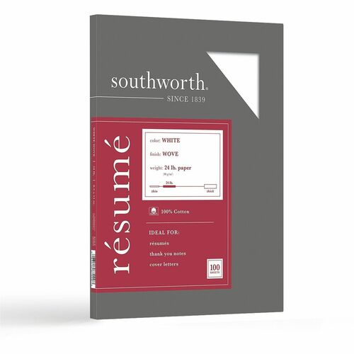 Southworth  Resume Paper, Cotton Fiber, 24 lb, 8-1/2"x11", 100/BX, White