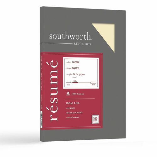 Southworth  Resume Paper, Cotton Fiber, 24 lb, 8-1/2"x11", 100/BX, Ivory