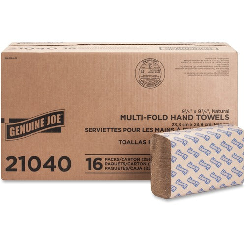 Genuine Joe  Multifold Towels,Z-Fold,9-2/5"X9-1/4",250/PK,16PK/CT,Natural-GJO21040