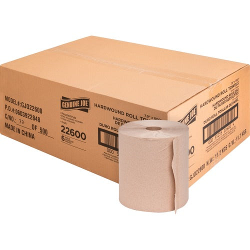 Genuine Joe  Hardwound Roll Towels,2"Core, 7-7/8"x800', 6 Rolls/CT,NL-GJO22600