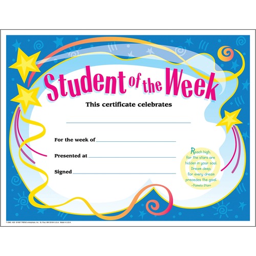 Trend Enterprises  Award,Student of the Week,8-1/2"x11",30/PK,Ready to Frame