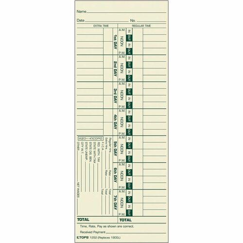 Tops  Weekly Time Card, 3-1/2"x9", 500/BX, Green/Yellow