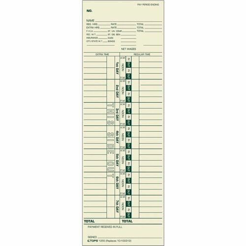 Tops  Time Card, Weekly, 3-1/2"x10-1/2", 500/BX, Manila