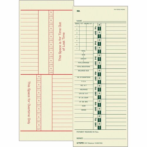 Tops  Time Cards, Numbered Days, Pay Receipt, 3-1/2"x9",500/BX