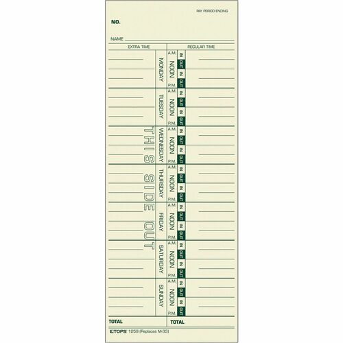 Tops  Weekly Time Card, Days Printed on Card, 3-1/2"x9", 500/BX