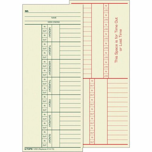 Tops  Weekly Time Card, 2-Sided, 3-3/8"x8-1/4", 500/BX