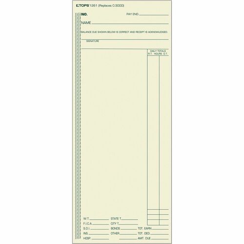 Tops  Weekly Time Card, 1-Sided, 3-3/8"x8-1/4", 500/BX, Manila