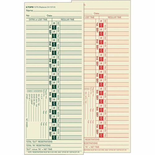 Tops  Time Clock Cards, Bi-Weekly, Two-Sides, 3-1/2"x9",500/BX