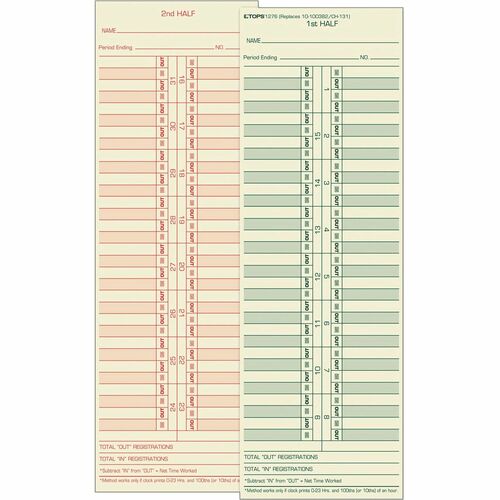 Tops  Time Cards,Semi-Monthly,Numbered Days,3-1/2"x10-1/2", 500/BX