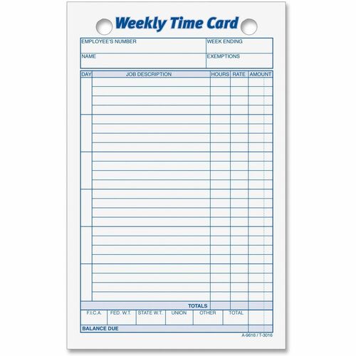 Tops  Time Cards, Weekly, 2-Hole Punched, 100/PK, 4-1/4"x6-3/4"