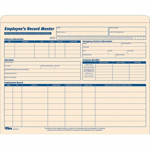 Tops  Employee Record Jacket, 1" Exp, 11-3/4"x9-1/2", 15/PK, MLA