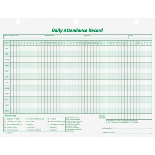 Tops  Daily Attendance Forms, 11"x8-1/2", 50/PK, GN Ink/White