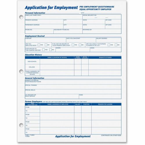 Tops  Employment Applications, 8-1/2"x11", 2/PK, White Pads/BE Ink