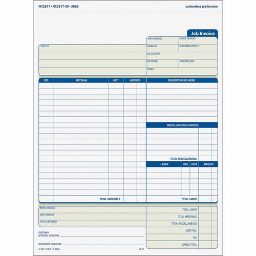 Tops  Job Invoice, 3-Part Carbonless, 8-1/2"x11", 50 Sets/PK