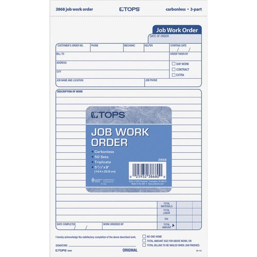 Tops  Job Work Order,Carbonless,5-1/2"x8-1/2",3-Part,50 Sets/PK