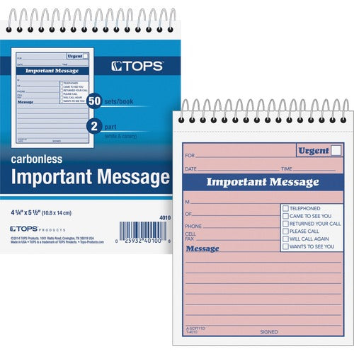 Tops  "Important Message" Pad, 4-1/4"x6", 50 Sets/BK,PK/CY Paper