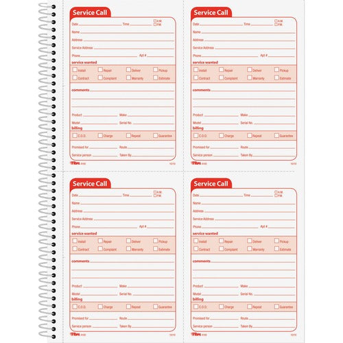 Tops  Service Call Book, 11"x8-1/4", 2-Part, 200Sets/BK,WE/RD