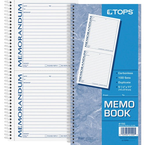 Tops  Memo Forms Book,2-Part, Perforated,11"x5-1/2",100 Sets/BK
