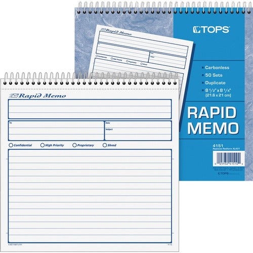 Tops  Rapid Memo Book, Carbonless, 2-Part, 8-1/2"x7-3/4"