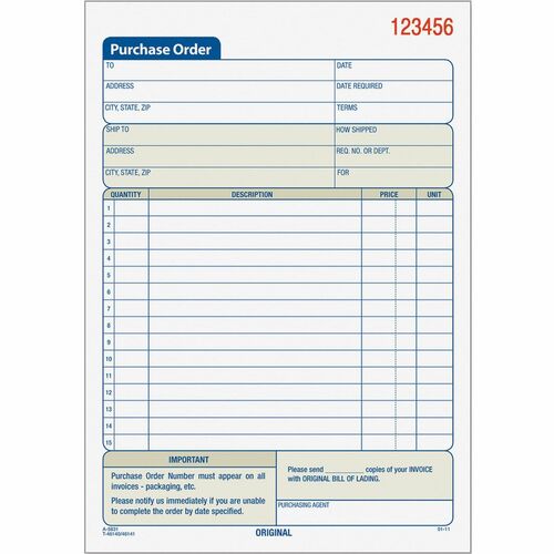 Tops  Purchase Order Book,Cbnless,2-Part,5-9/16"x7-15/16",50ST/BK