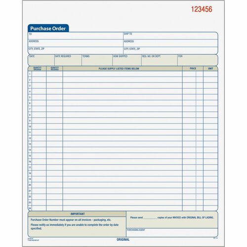 Tops  Purchase Order Book,Cbnless,2-Part,8-3/8"x10-3/16",50Set/BK