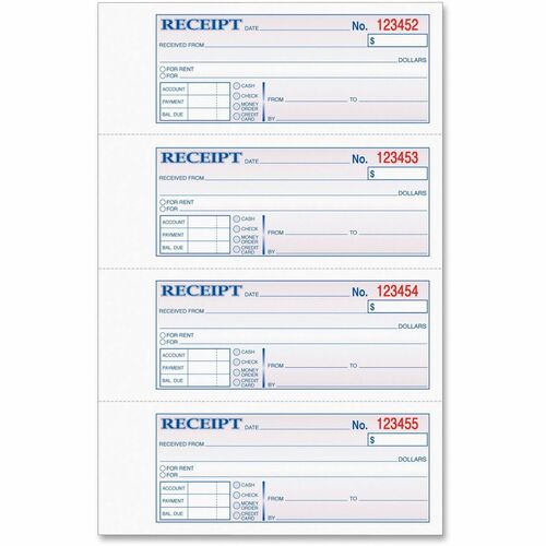 Tops  Receipt Book,Carbonless,3-Part,2-3/4"x7-1/4",100/BK,WE/CA/PK