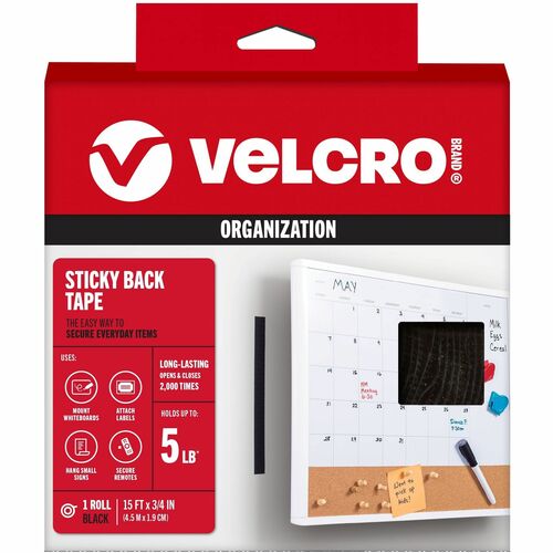 Velcro Industries  Hook and Loop Tape Roll, Sticky Back, 3/4"x15', Black