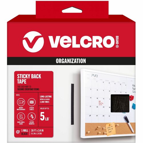 Velcro Industries  Hook and Loop Tape Roll, Sticky Back, 3/4"x30', Black