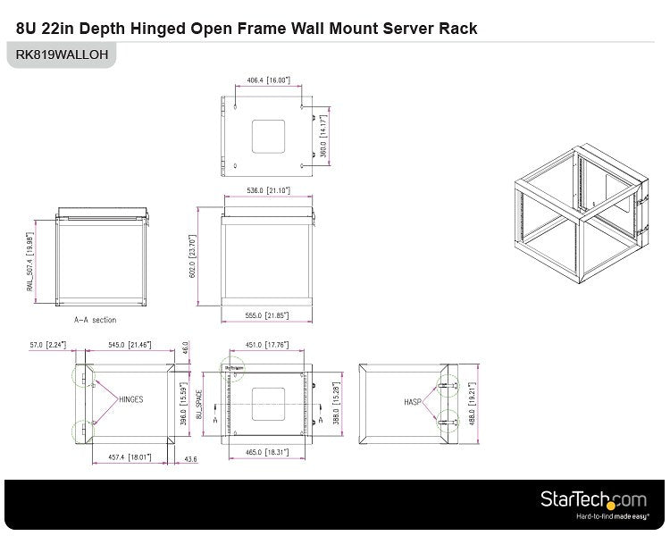 StarTech.com RK819WALLOH rack cabinet 8U Wall mounted rack Black