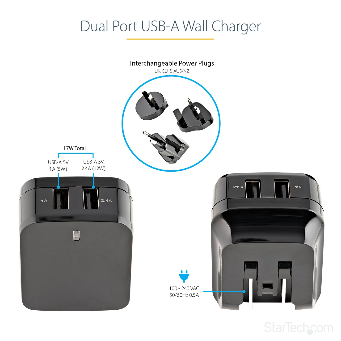 StarTech.com USB2PACBK mobile device charger Mobile phone, Smartphone, Tablet Black AC Indoor