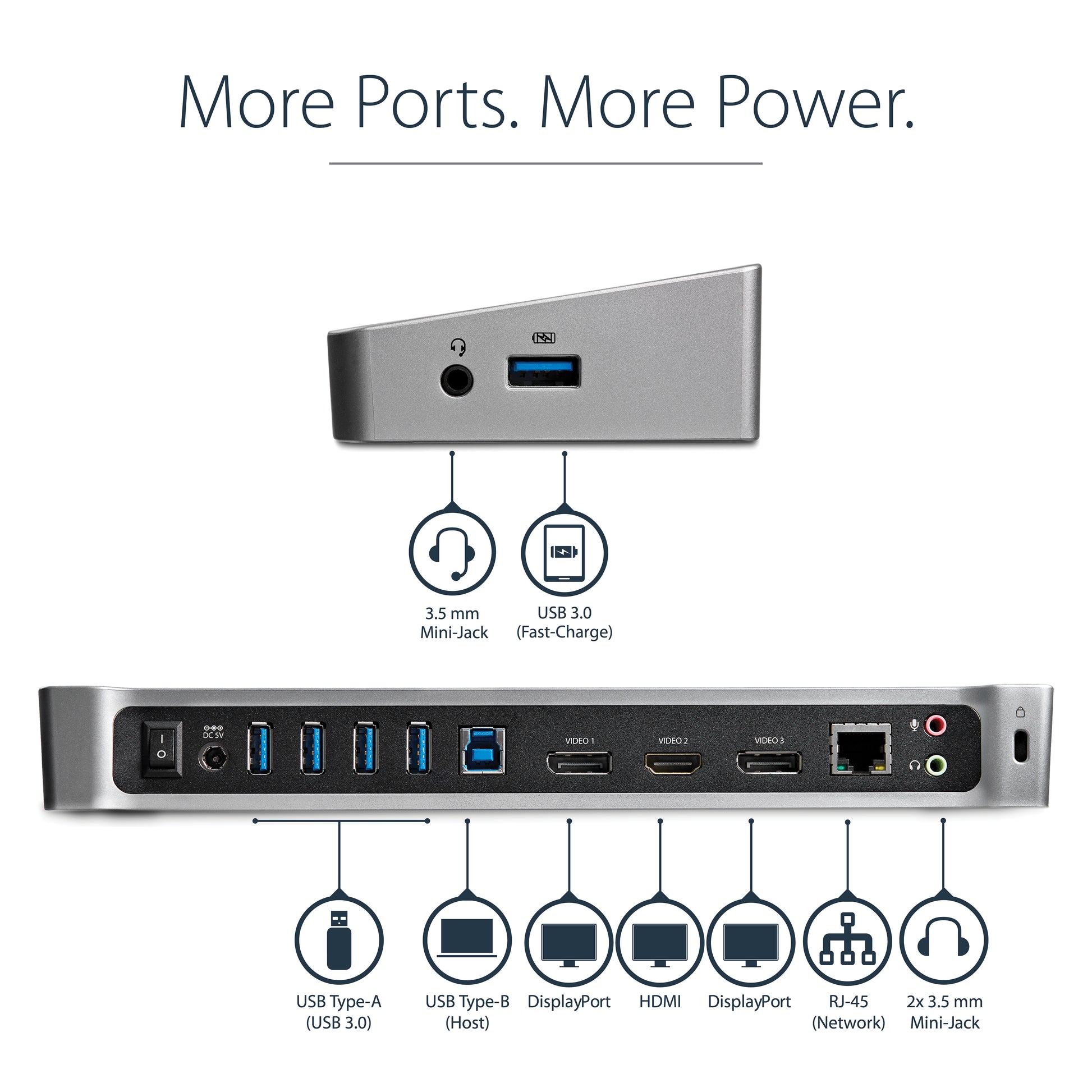 StarTech.com USB3DOCKH2DP laptop dock/port replicator Wired USB 3.2 Gen 1 (3.1 Gen 1) Type-A Black, Silver