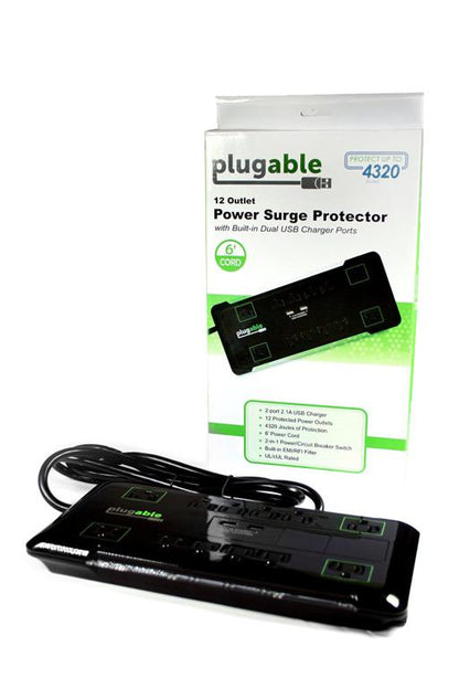 Plugable Technologies PS12-USB2B surge protector Black 12 AC outlet(s) 120 V 74.4" (1.89 m)