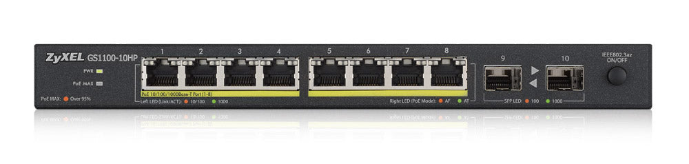 Zyxel GS1100-10HP network switch Unmanaged Gigabit Ethernet (10/100/1000) Power over Ethernet (PoE) 1U Black