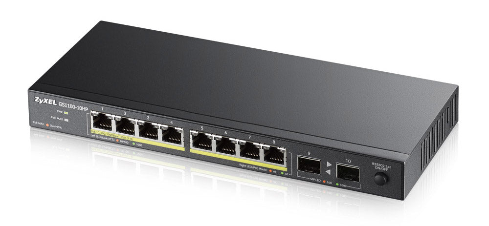 Zyxel GS1100-10HP network switch Unmanaged Gigabit Ethernet (10/100/1000) Power over Ethernet (PoE) 1U Black