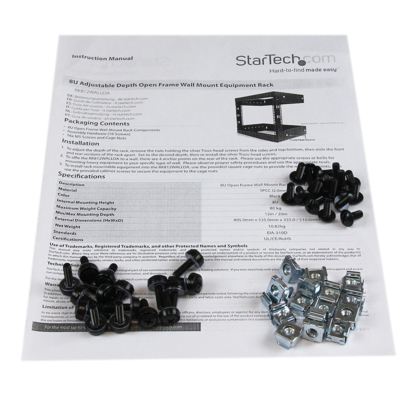StarTech.com RK812WALLO rack cabinet 8U Wall mounted rack Black