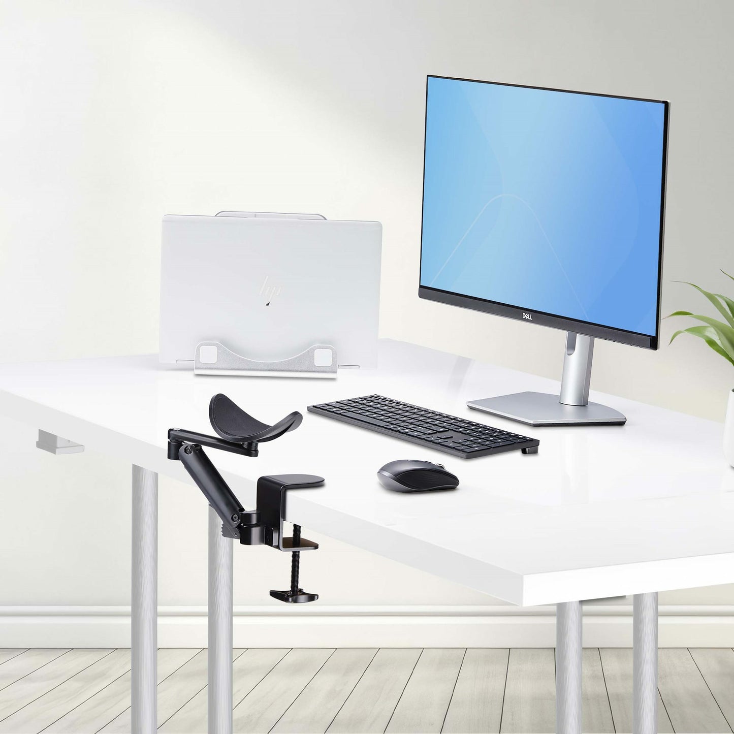 StarTech.com Adjustable Arm Rest for Office Desk, Ergonomic Arm/Elbow Support, 360-Degree Rotation, Clamp-On/No Drill Installation, Black