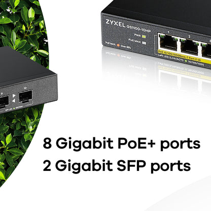 Zyxel GS1100-10HP network switch Unmanaged Gigabit Ethernet (10/100/1000) Power over Ethernet (PoE) 1U Black