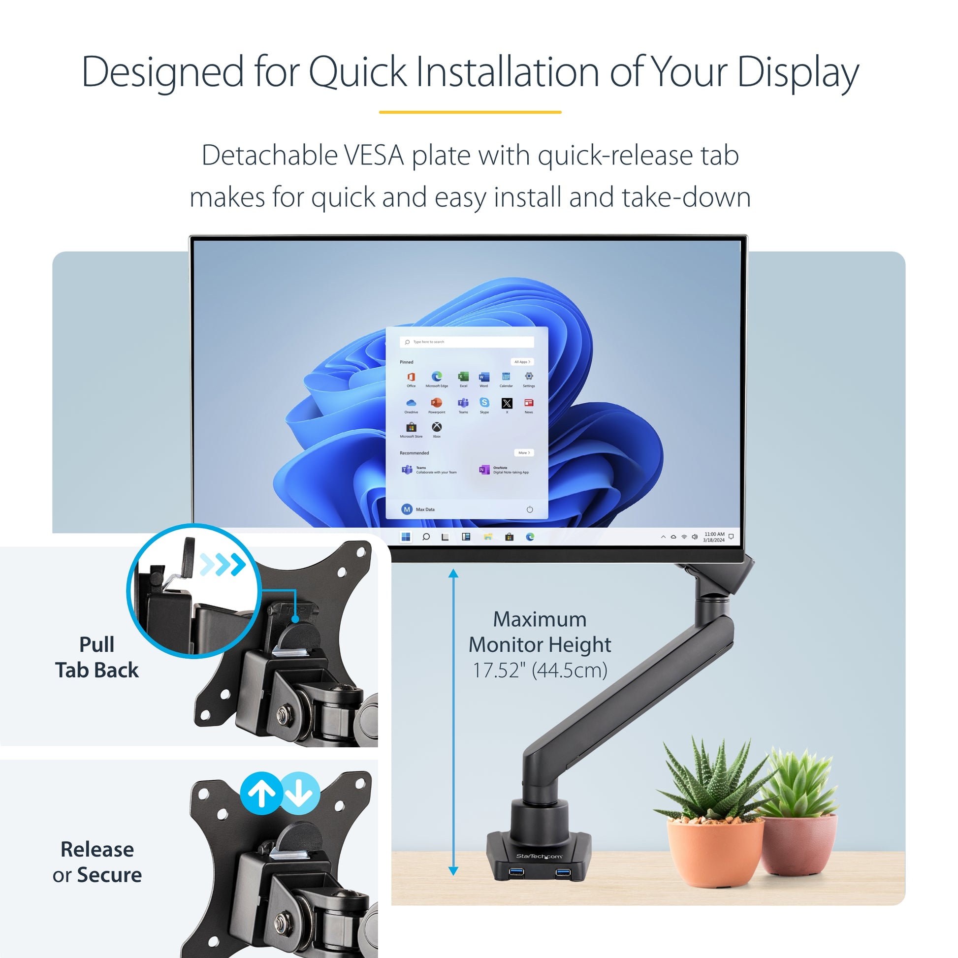 StarTech.com ARMSLIM2USB3 monitor mount / stand 34" Desk Black
