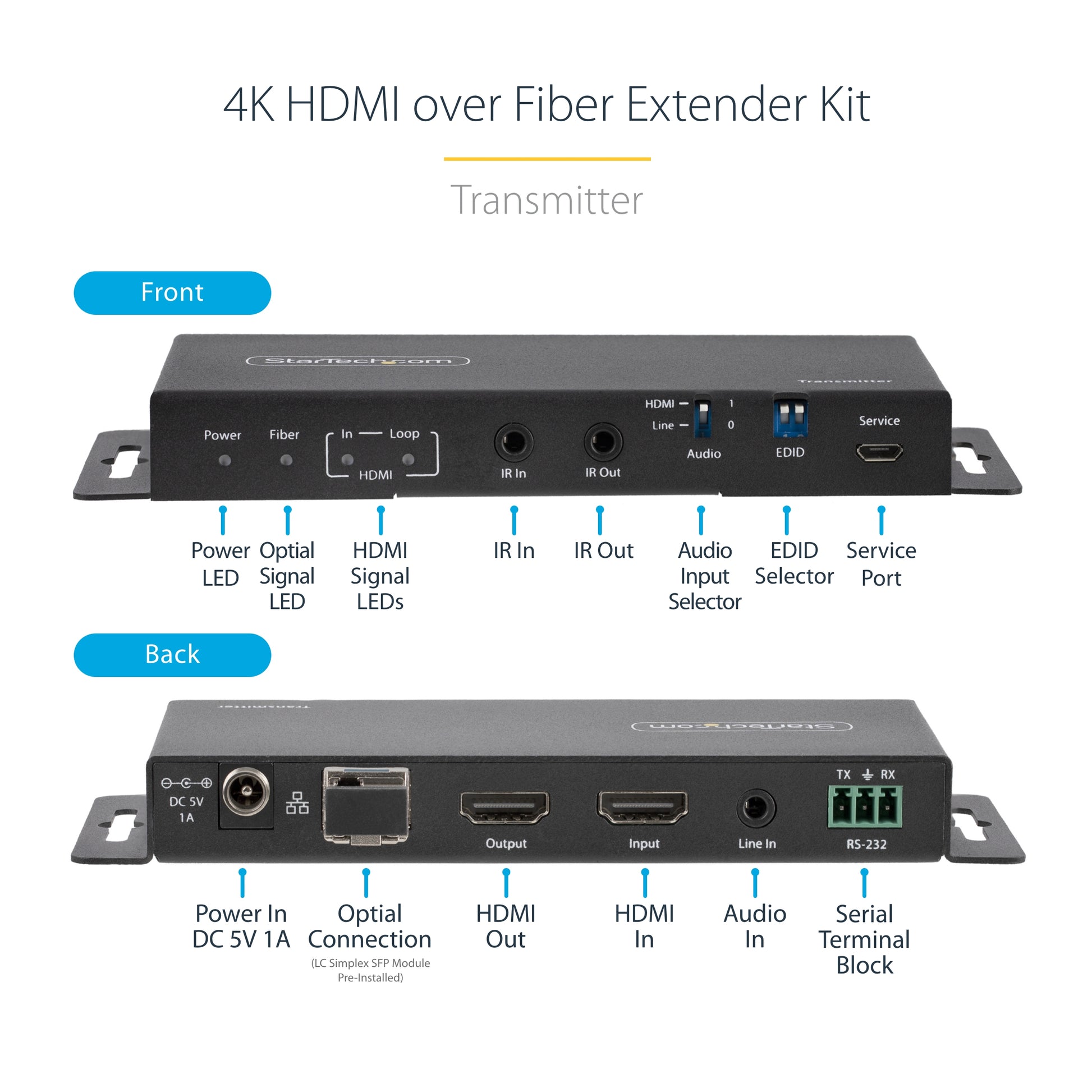 StarTech.com ST121HD20FXA2 AV extender AV transmitter & receiver Black