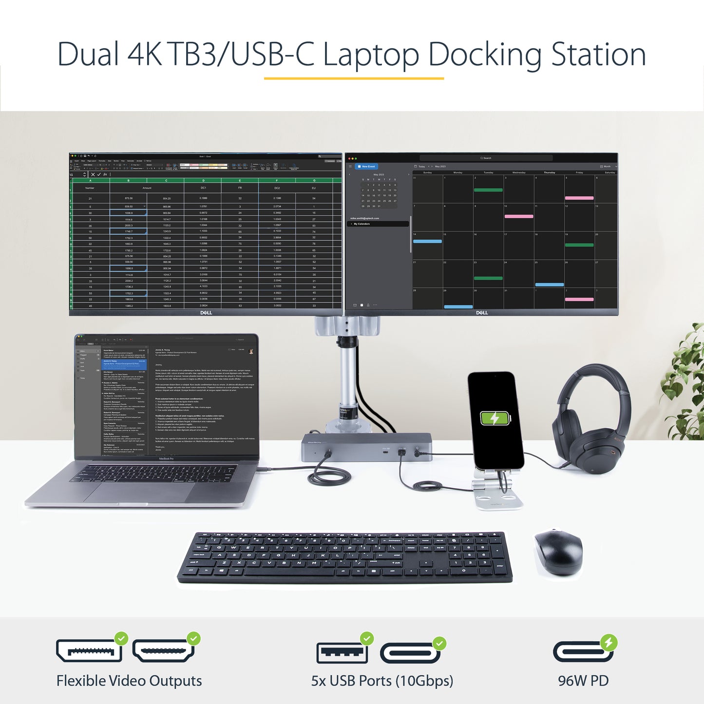 StarTech.com TB3CDK2DH laptop dock/port replicator Wired Thunderbolt 3 Black, Silver