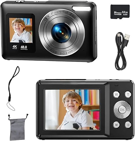 4K Dual Screen Digital Camera 48MP with 18X Zoom, 32 GB SD Card