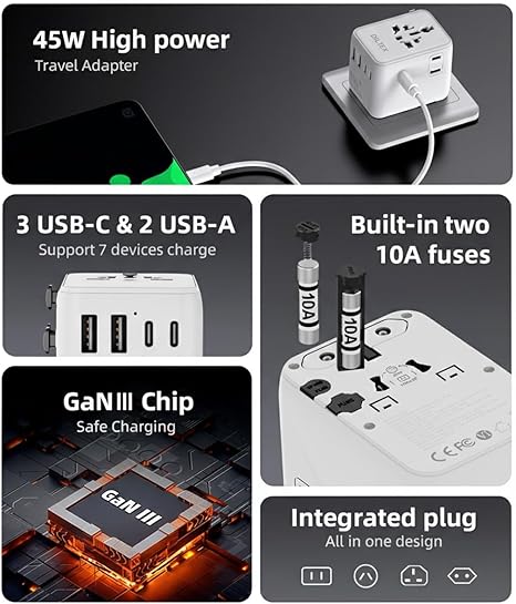 45W Universal Travel Adapter with Multi USB-A & C Ports