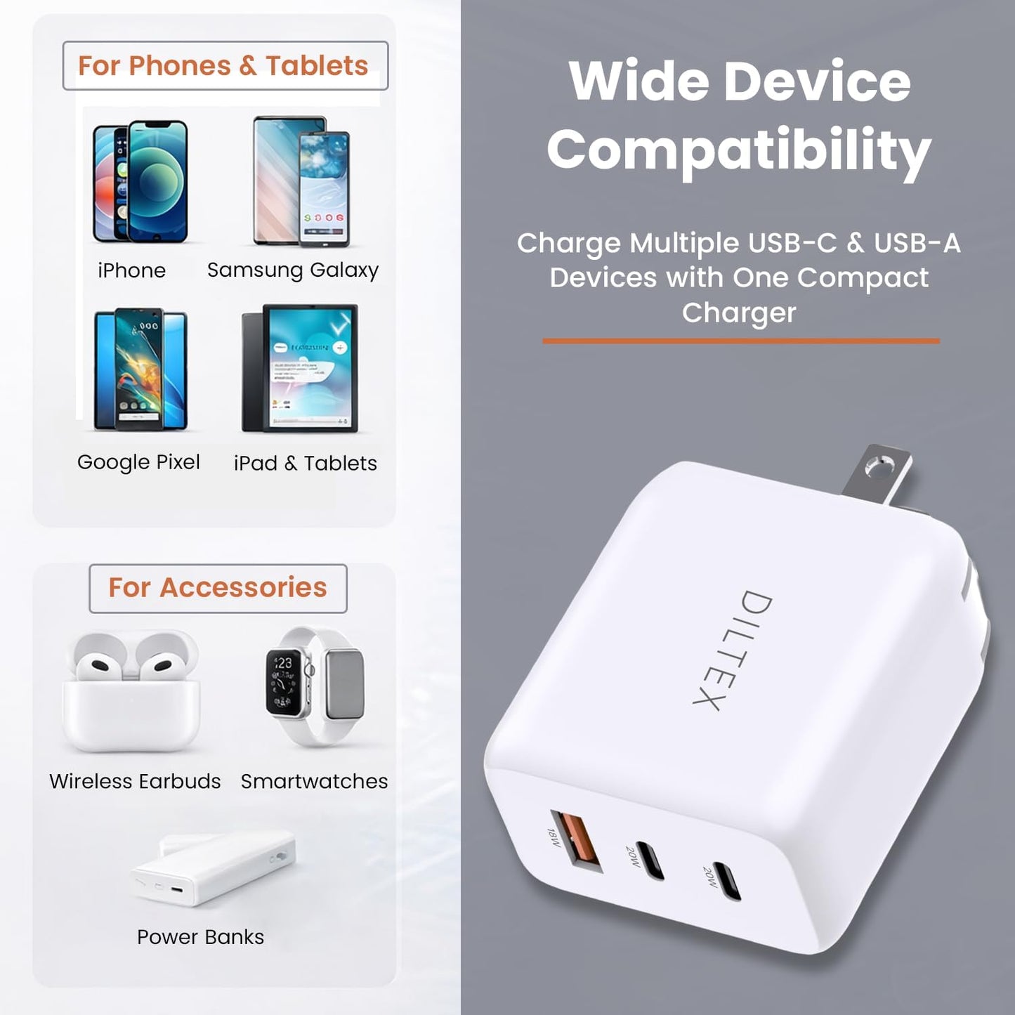 3USB Ports Gan 20W Foldable Charger 2 Pack